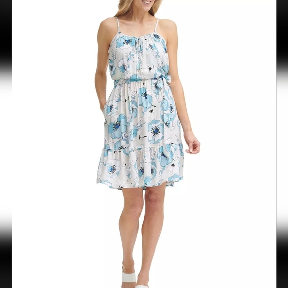 NWT Calvin Klein Cream With Blue Floral Pattern Sundress Womens Size 6 - Picture 1 of 4